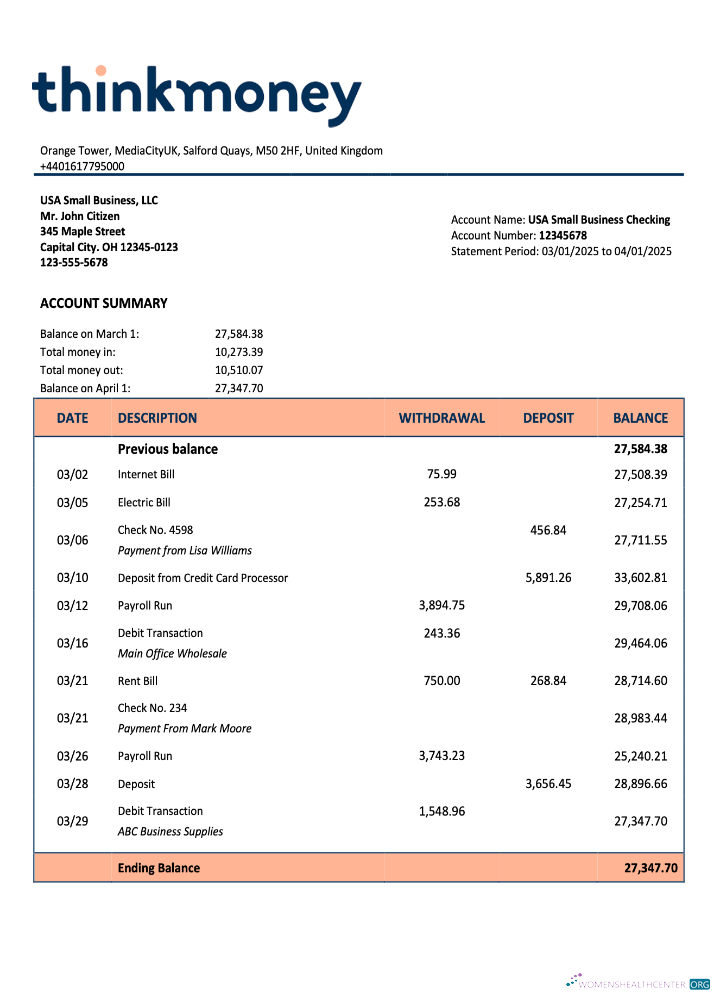 United Kingdom Think Money firm checking account statement Word and PDF template